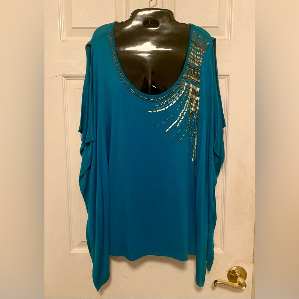 CACHE Turquoise Blue Beaded T-Shirt, Top, Blouse, Shirt. Size Large.